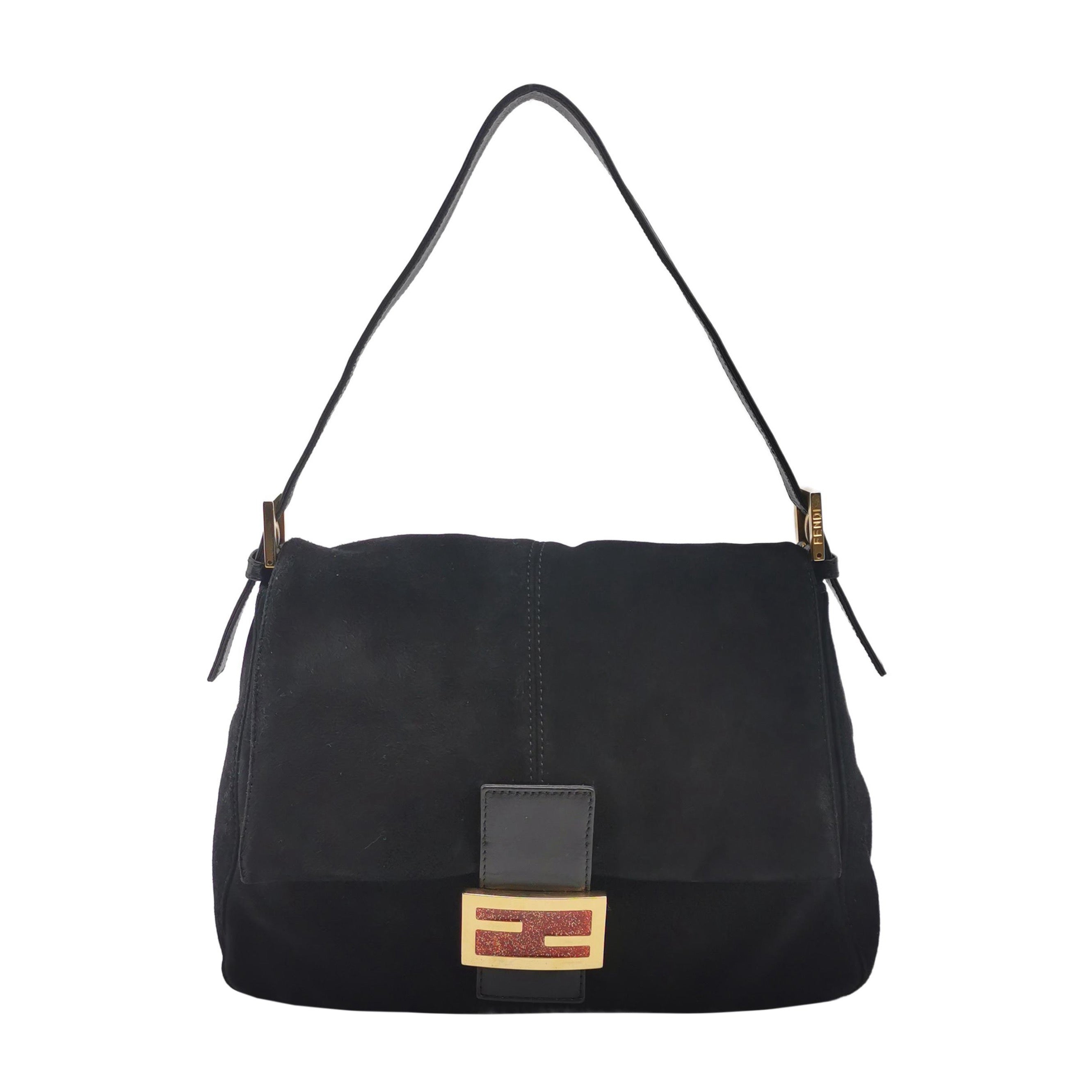Fendi Mamma Baguette Black Suede Leather Red Buckle