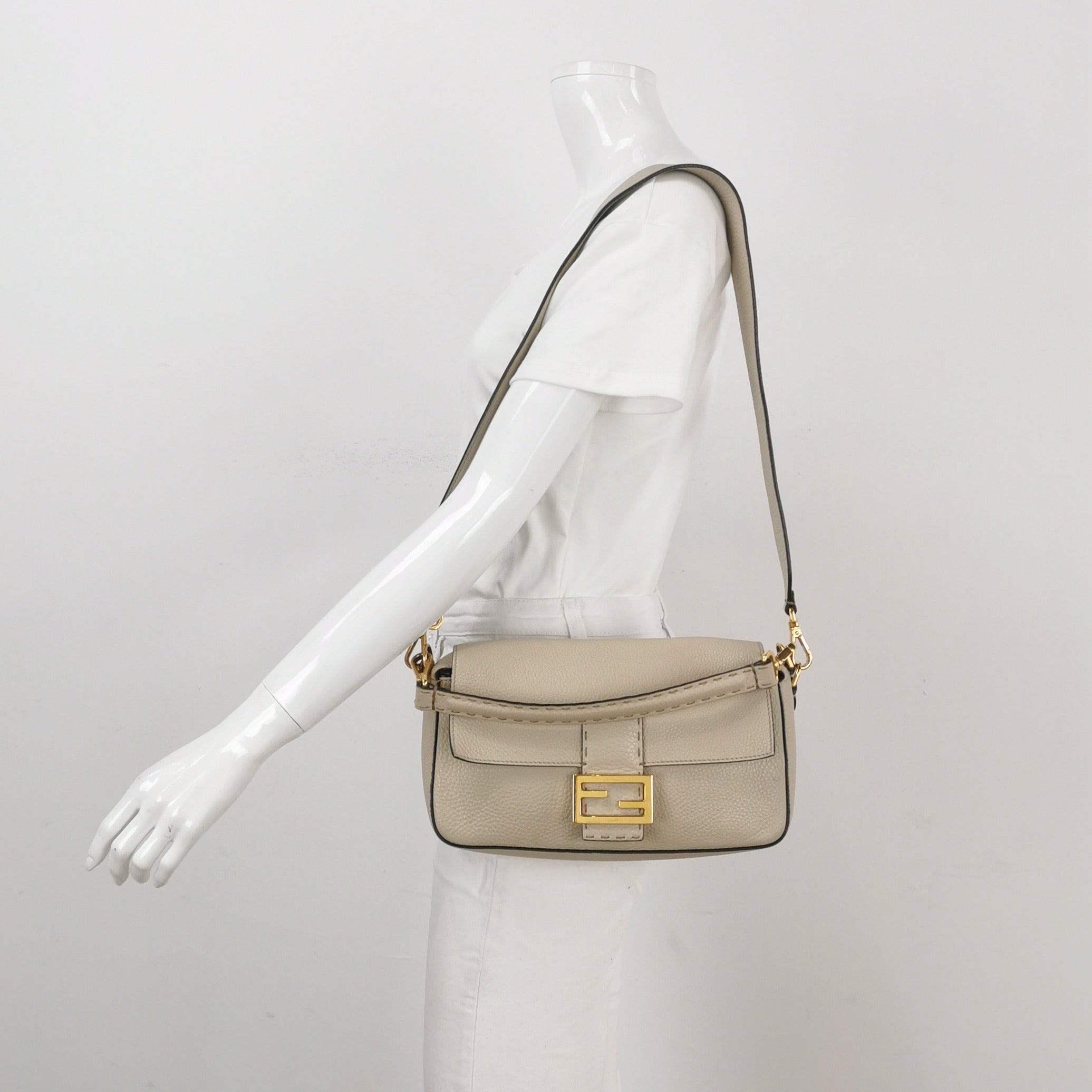 Fendi Baguette Selleria Medium White Grey Calfskin Leather Green Interior Crossbody Bag