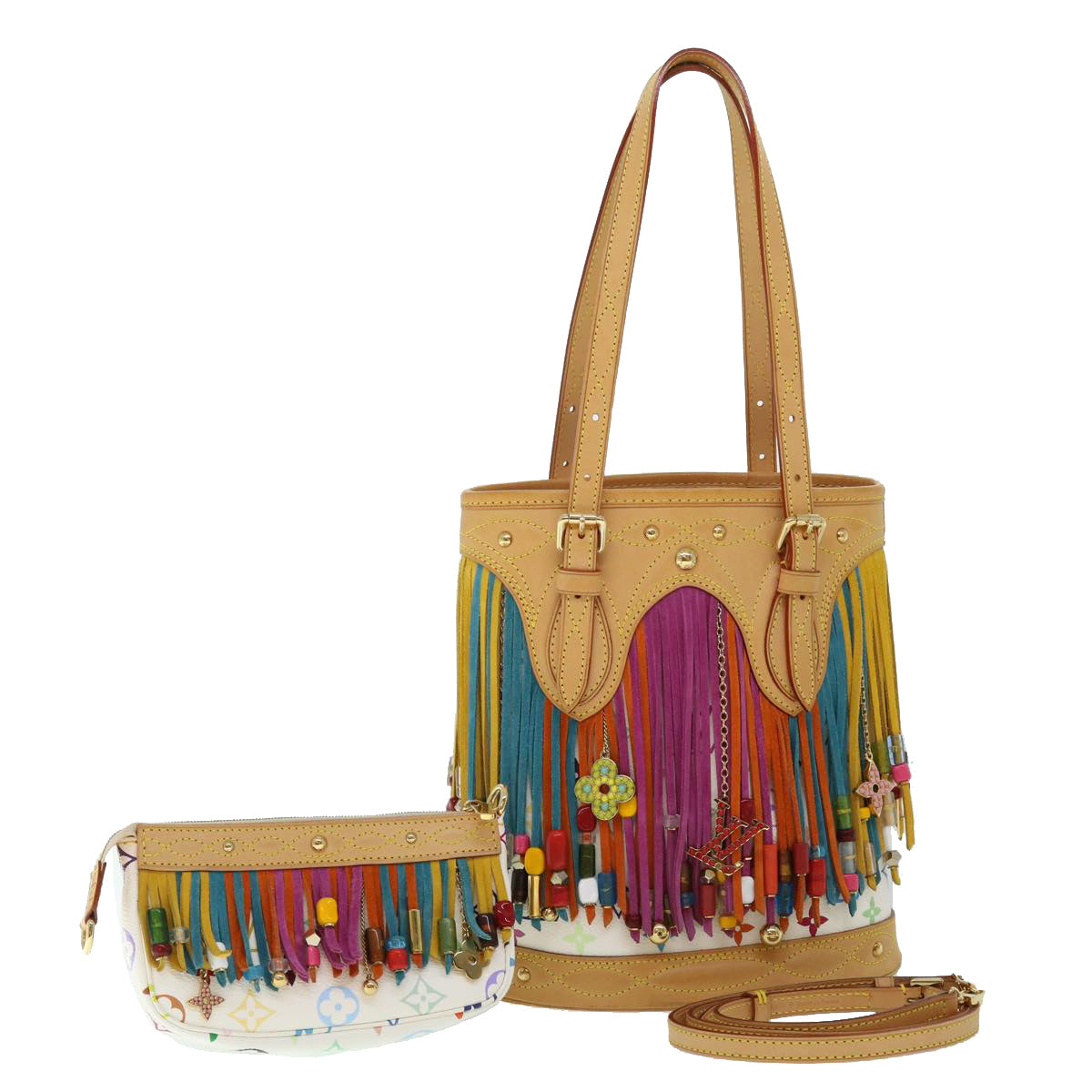 LOUIS VUITTON Monogram Multicolor Bucket Fringe Bag White M40109 LV 51257SV