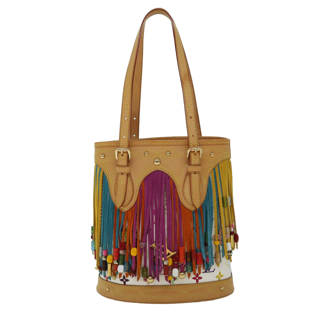 LOUIS VUITTON Monogram Multicolor Bucket Fringe Bag White M40109 LV 51257SV