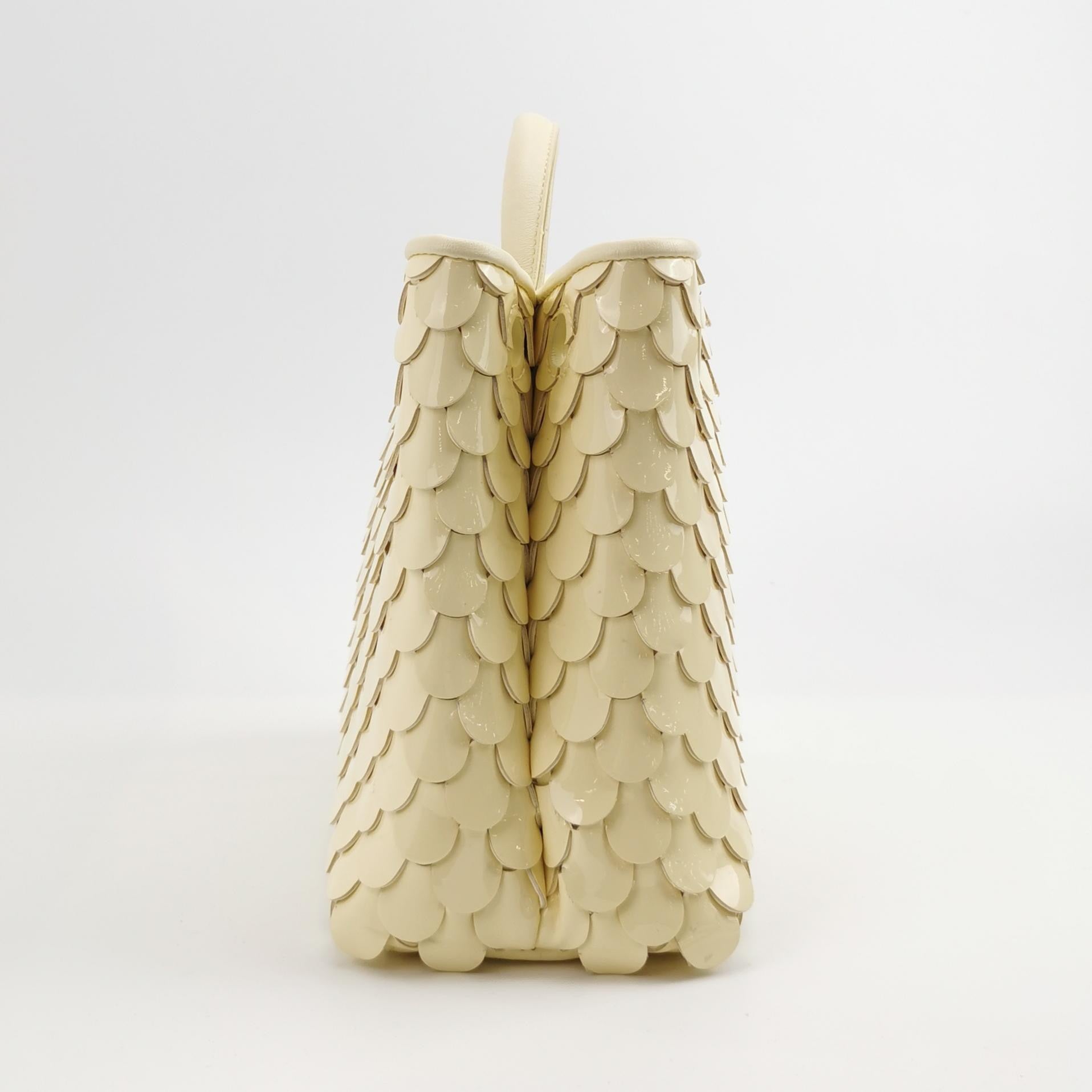 Bottega Veneta Andiamo Small Butter Yellow Fish Scale Patent Leather Handbag