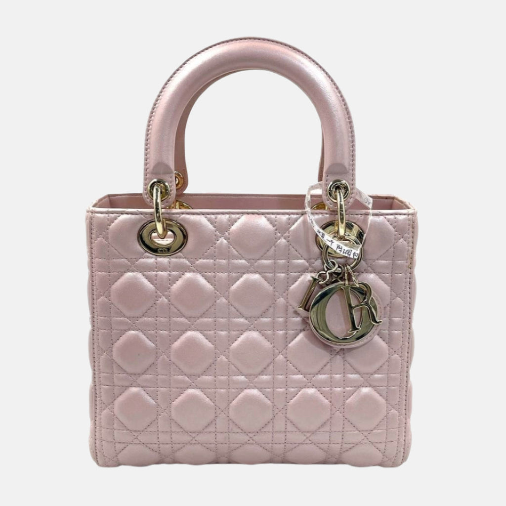 Lady Dior Medium Handbag Pearlescent Pink Cannage Leather Gold Hardware