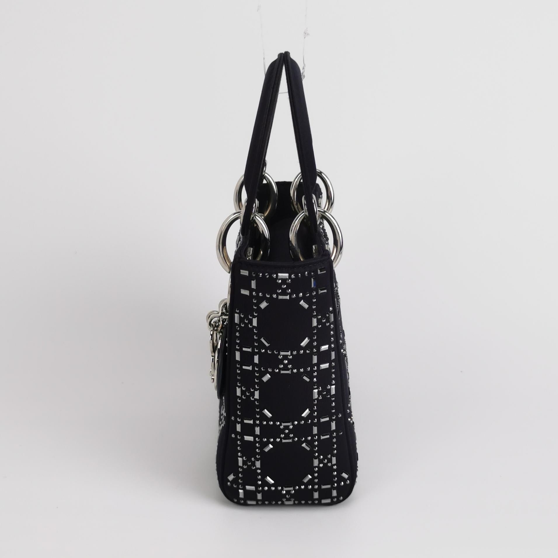 Lady Dior Mini Black Silk with Crystals Silver Hardware