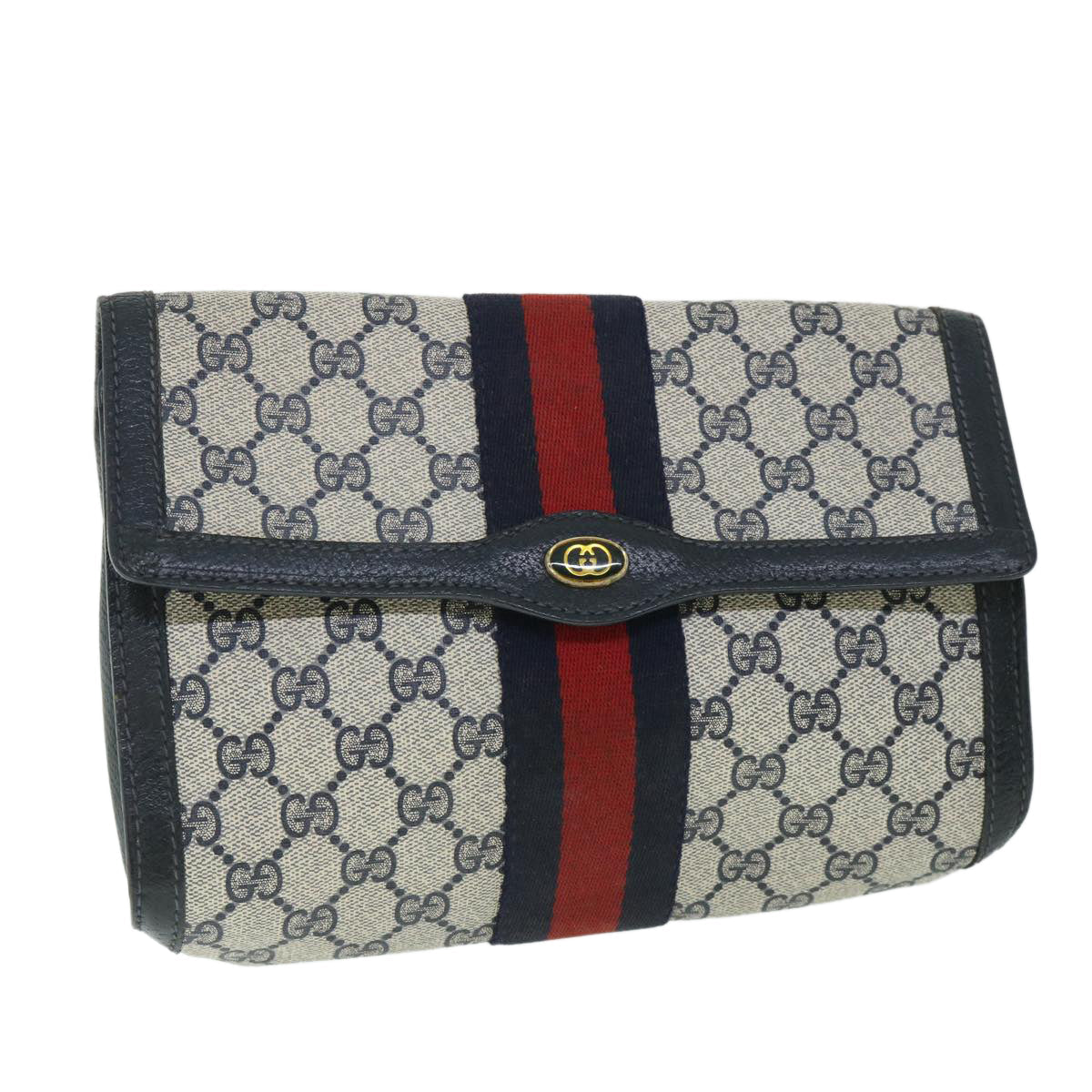 GUCCI GG Canvas Sherry Line Clutch Bag PVC Leather Navy Red 54774