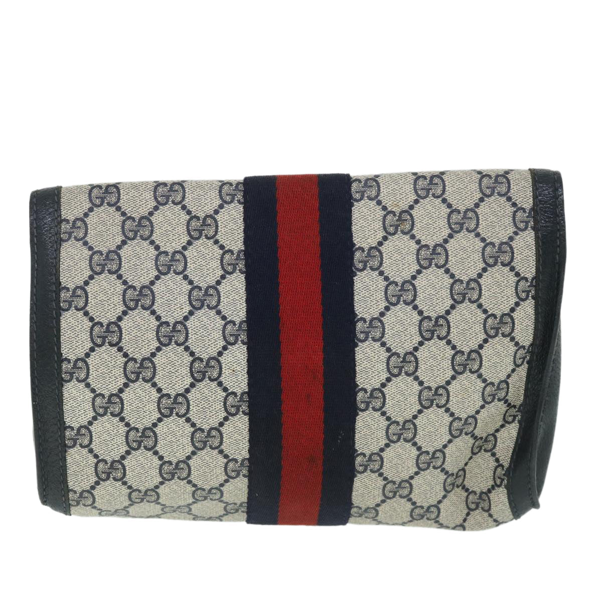 GUCCI GG Canvas Sherry Line Clutch Bag PVC Leather Navy Red 54774