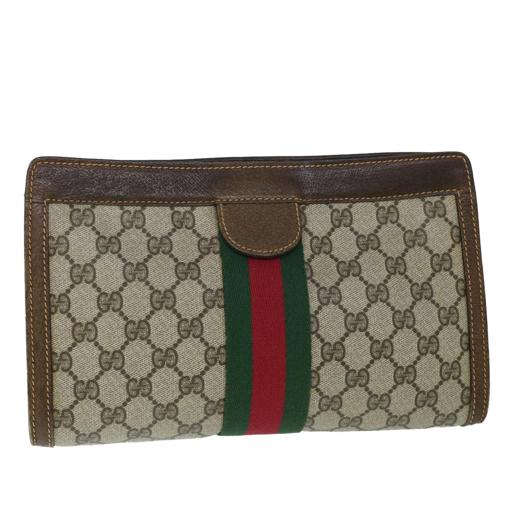 GUCCI GG Canvas Web Sherry Line Clutch Bag PVC Leather Beige Green 54839