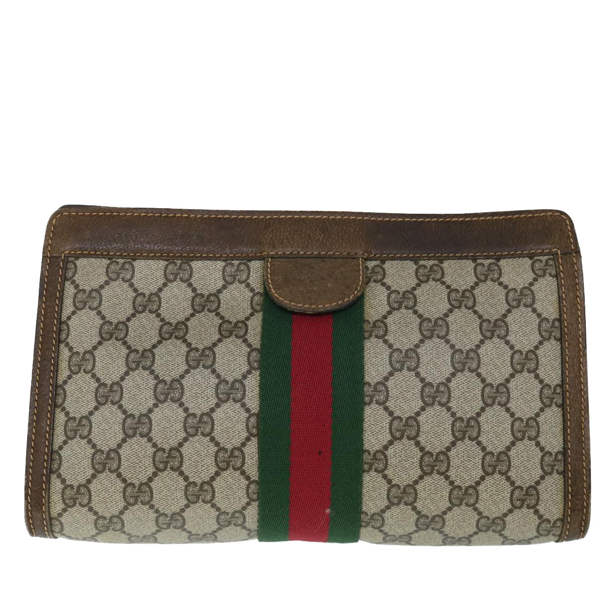 GUCCI GG Canvas Web Sherry Line Clutch Bag PVC Leather Beige Green 54839