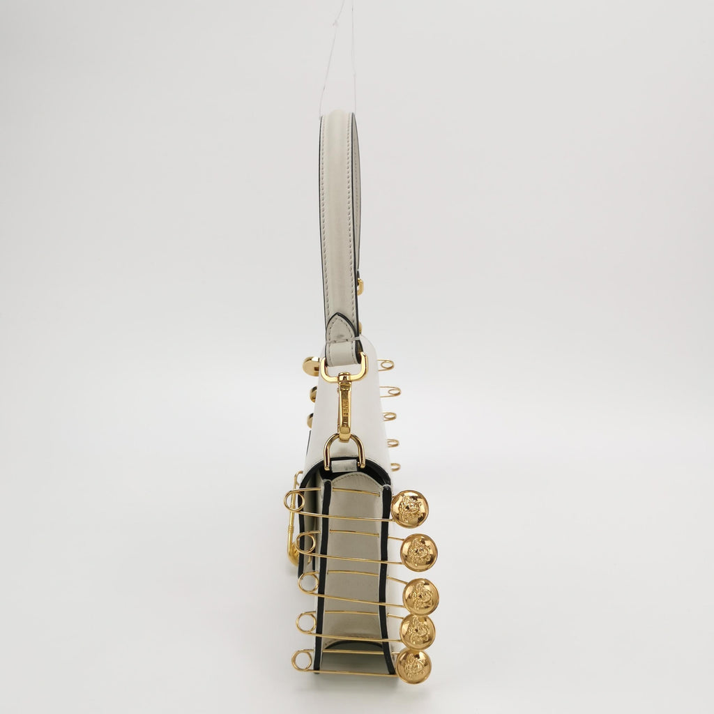 Fendi x Versace Fendace Baguette White Leather Versace Gold Brooch Pins Crossbody Bag Medium