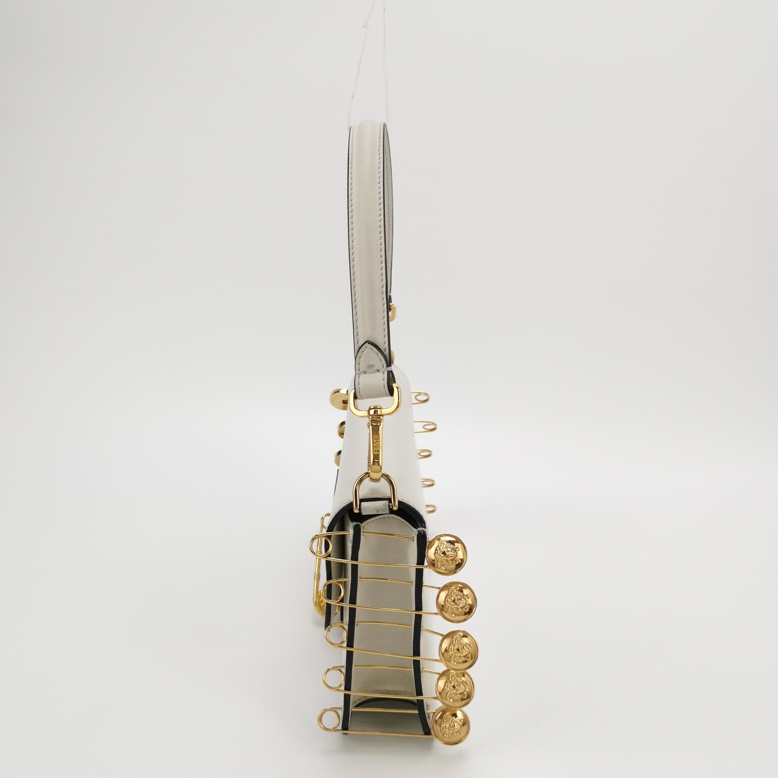 Fendi x Versace Fendace Baguette White Leather Versace Gold Brooch Pins Crossbody Bag Medium