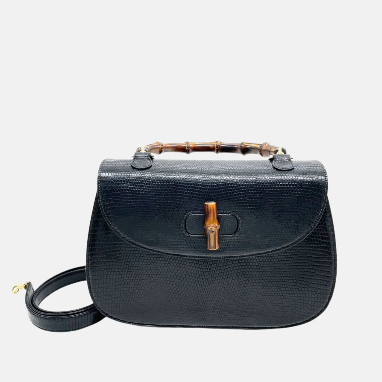 Gucci Bamboo 1947 Vintage Rare Lizard-skin Leather Large Black with Strap