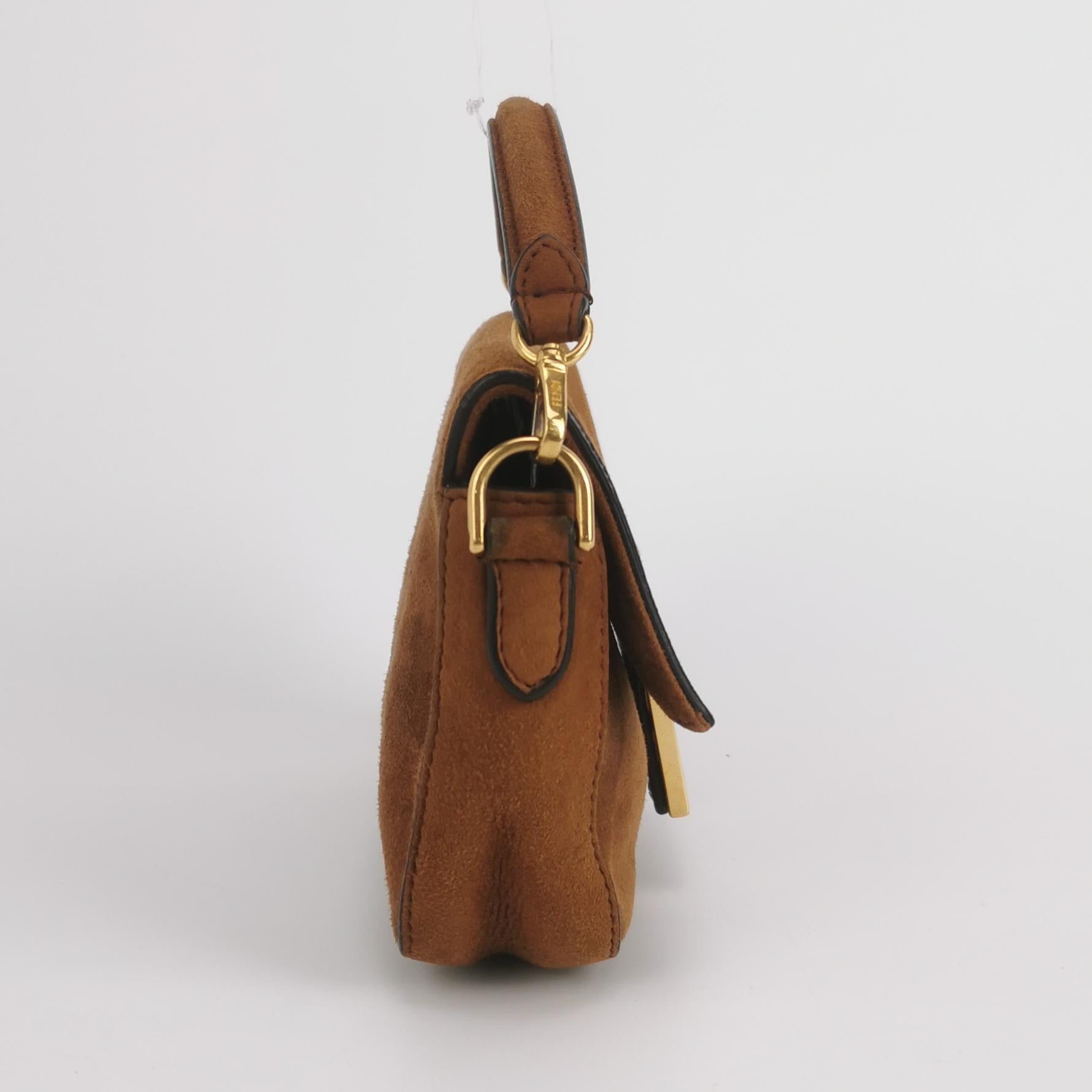 Fendi Baguette Mini Brown Suede Gold Hardware Crossbody Bag
