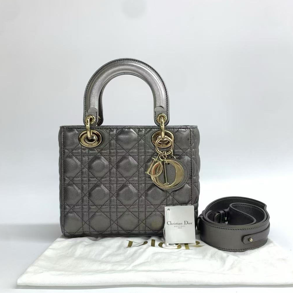 Lady Dior Small ABCdior Metallic Grey Cannage Lambskin Handbag with Strap 2019