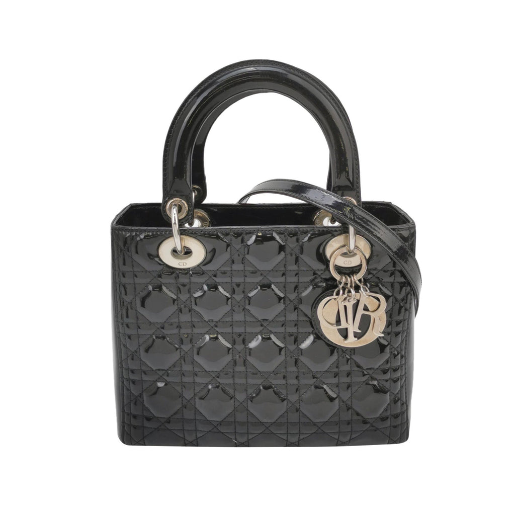 Lady Dior Medium Black Patent Leather Handbag with Silver Hardware