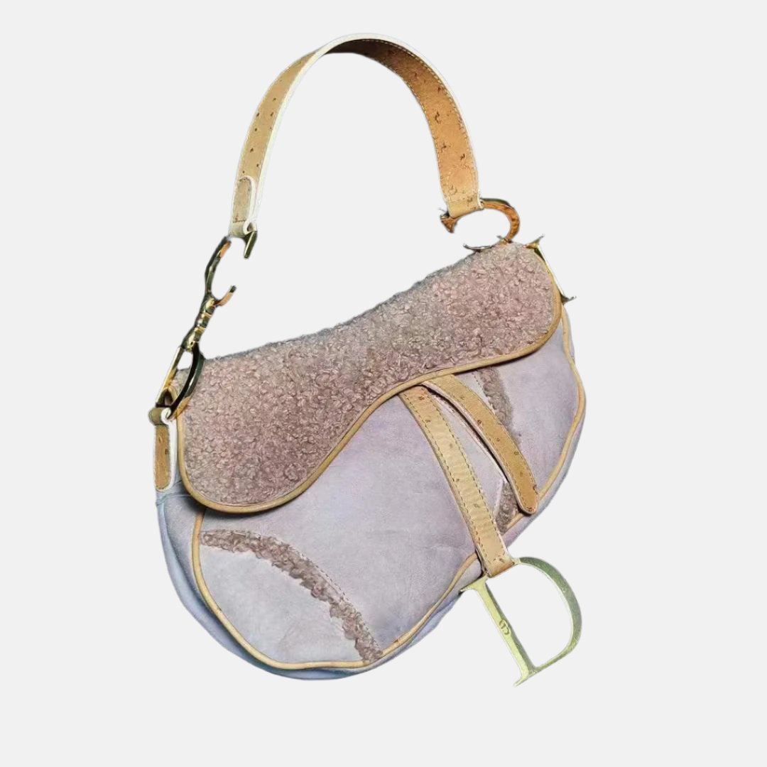 Dior Saddle Vintage Shoulder Bag Medium Shearling and Ostrich Leather Pink