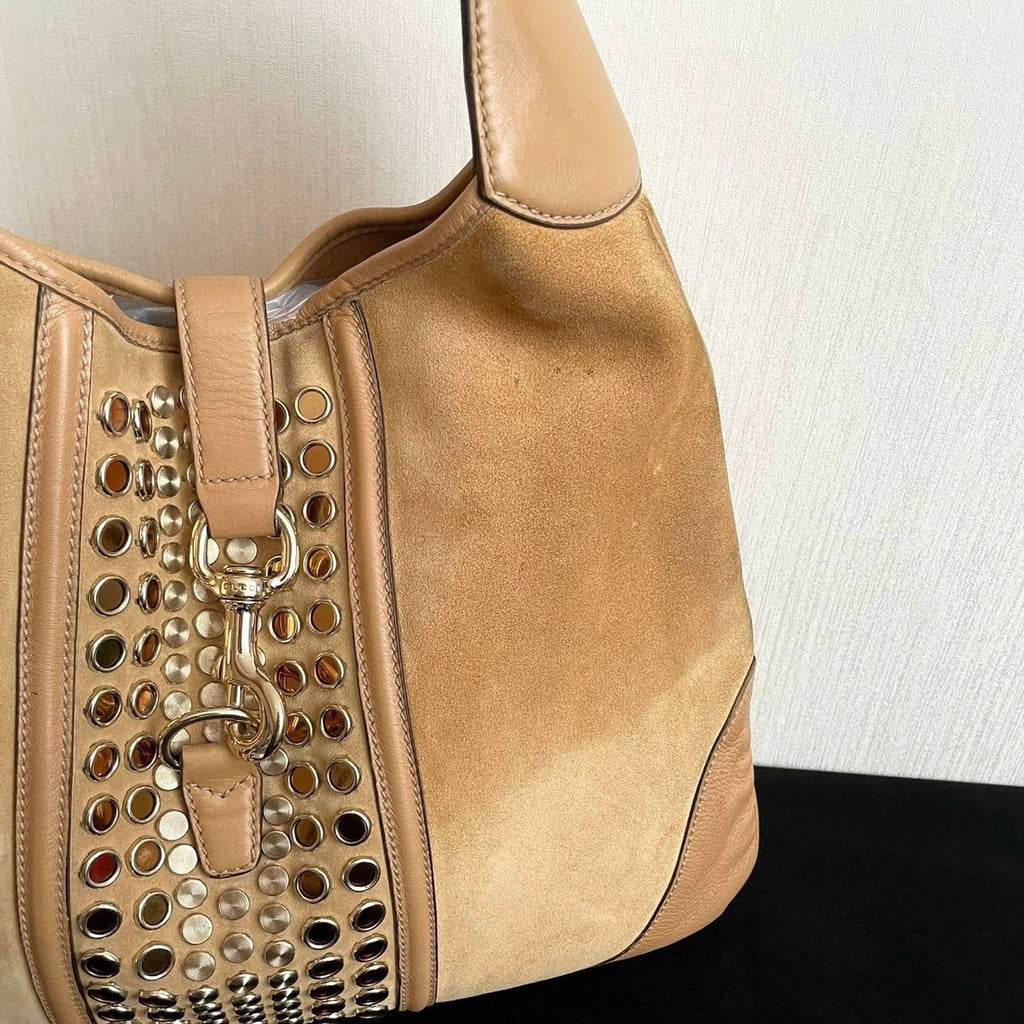 Gucci Jackie Vintage Medium Tan Brown Suede Leather Gold Hardware