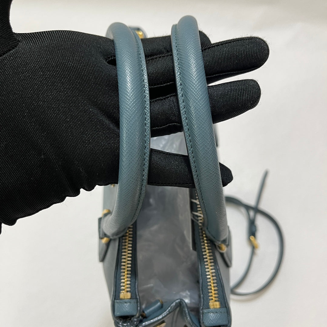 Prada Galleria Saffiano Leather Mini Grey Blue Handbag with Strap