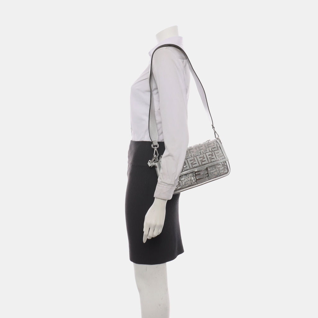 Fendi Baguette Medium Fendi x Nicki Minaj Silver PVC and Leather with Glitter Sequins Crossbody Bag