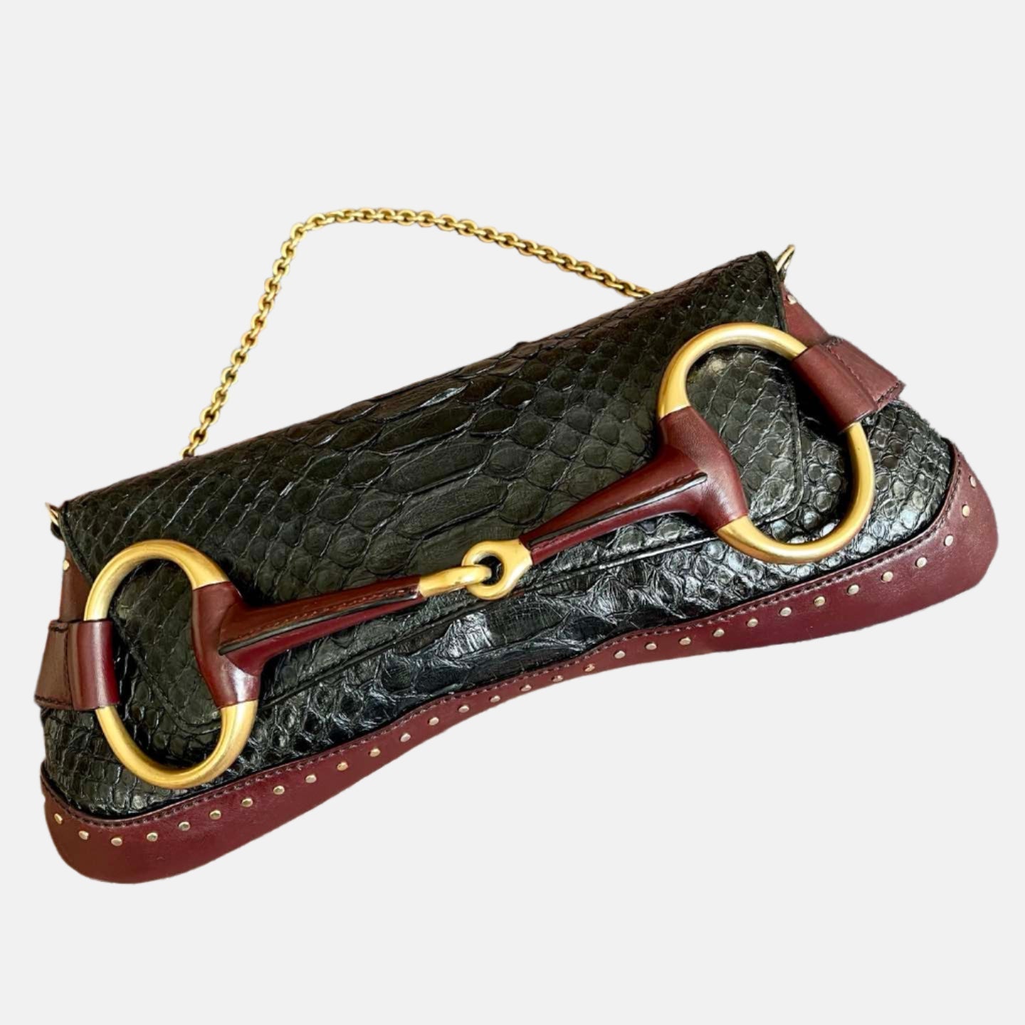 Gucci Horsebit 1955 Chain Bag Black Python and Burgundy Leather Large Shoulder Bag