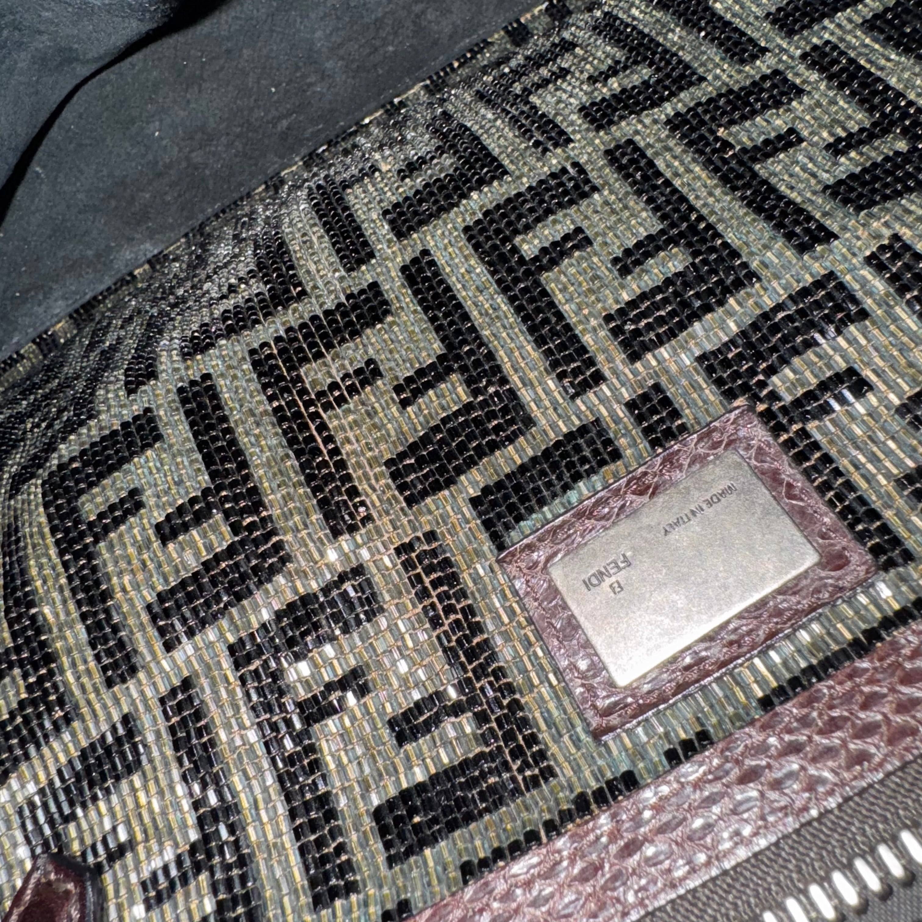 Fendi Peekaboo Large Black Calfskin Leather Glitter Beaded Zucca Interior