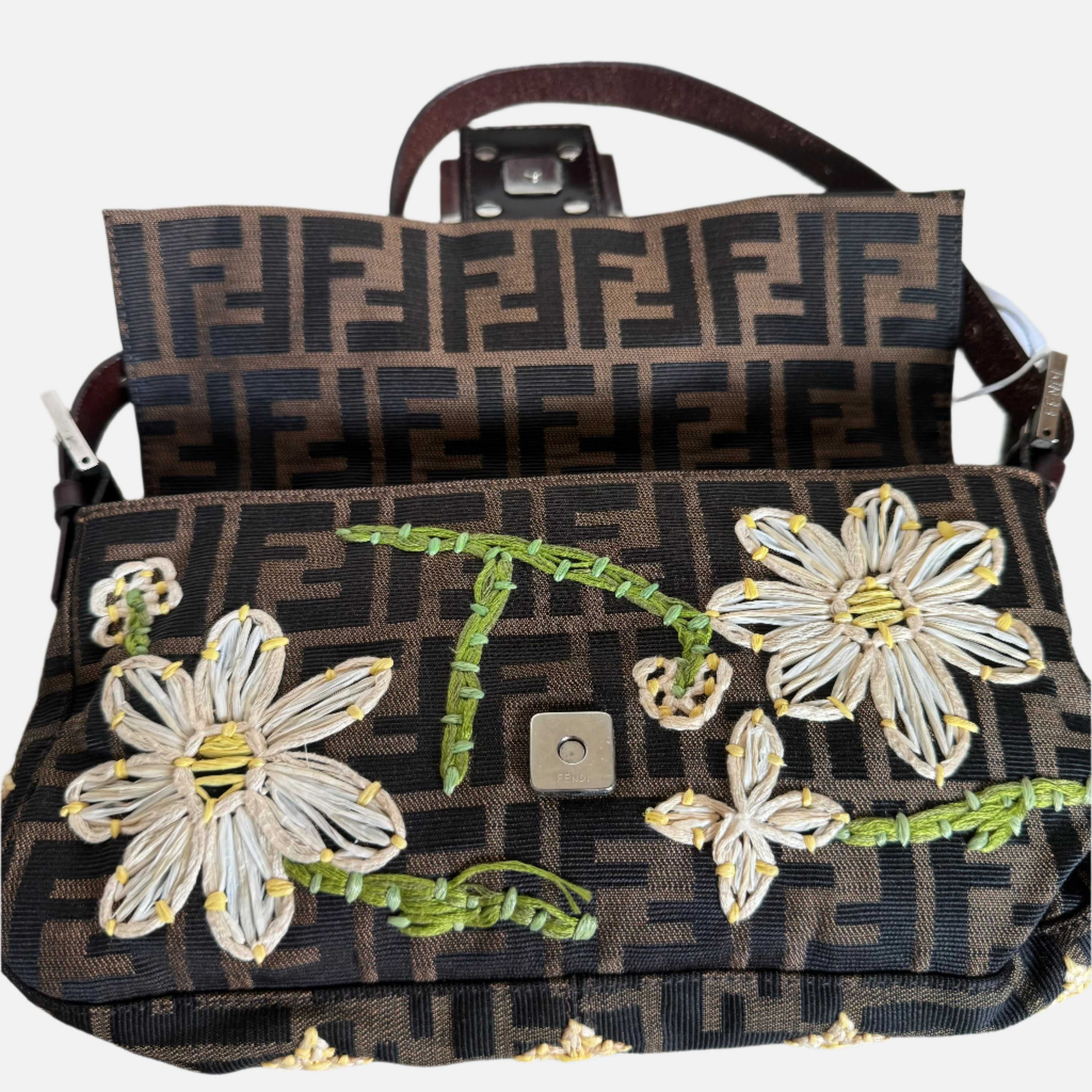 Fendi Baguette Zucca Monogram with Straw Floral Embroidery
