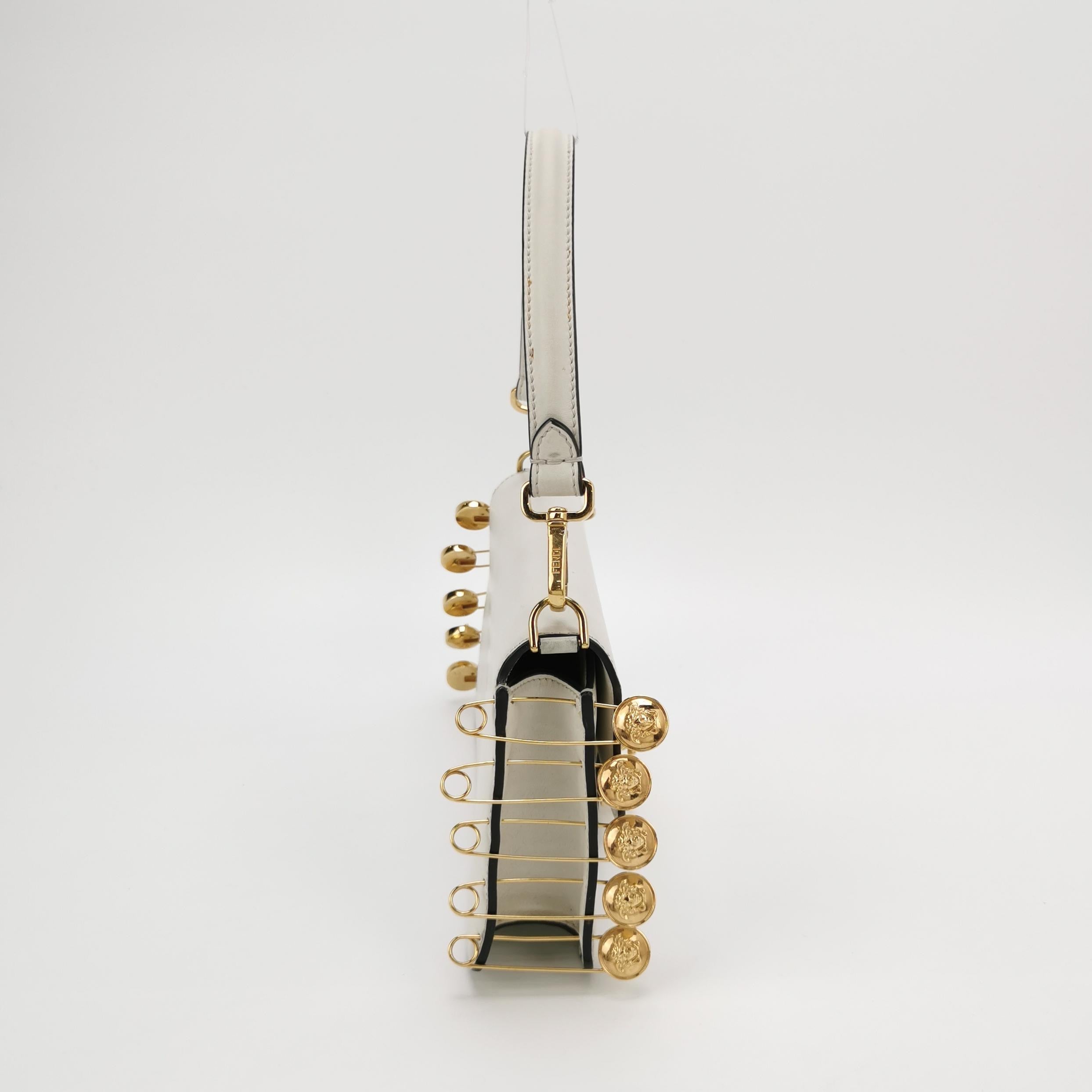 Fendi x Versace Fendace Baguette White Leather Versace Gold Brooch Pins Crossbody Bag Medium