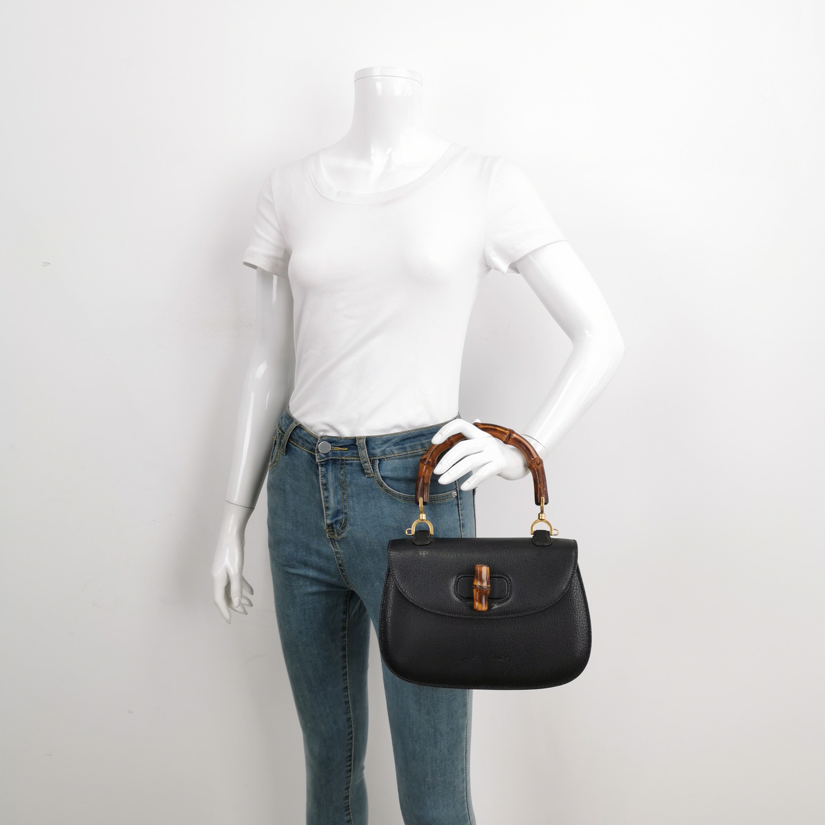 Gucci Bamboo 1947 Small Black Grained Leather Top Handle Bag