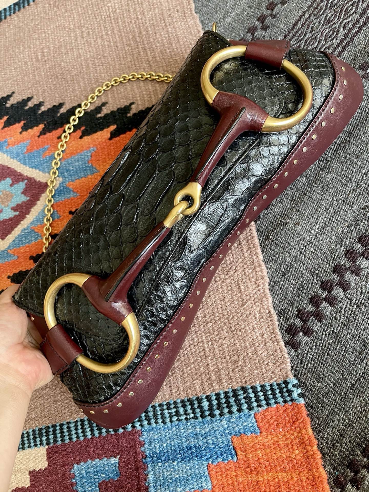 Gucci Horsebit 1955 Chain Bag Black Python and Burgundy Leather Large Shoulder Bag