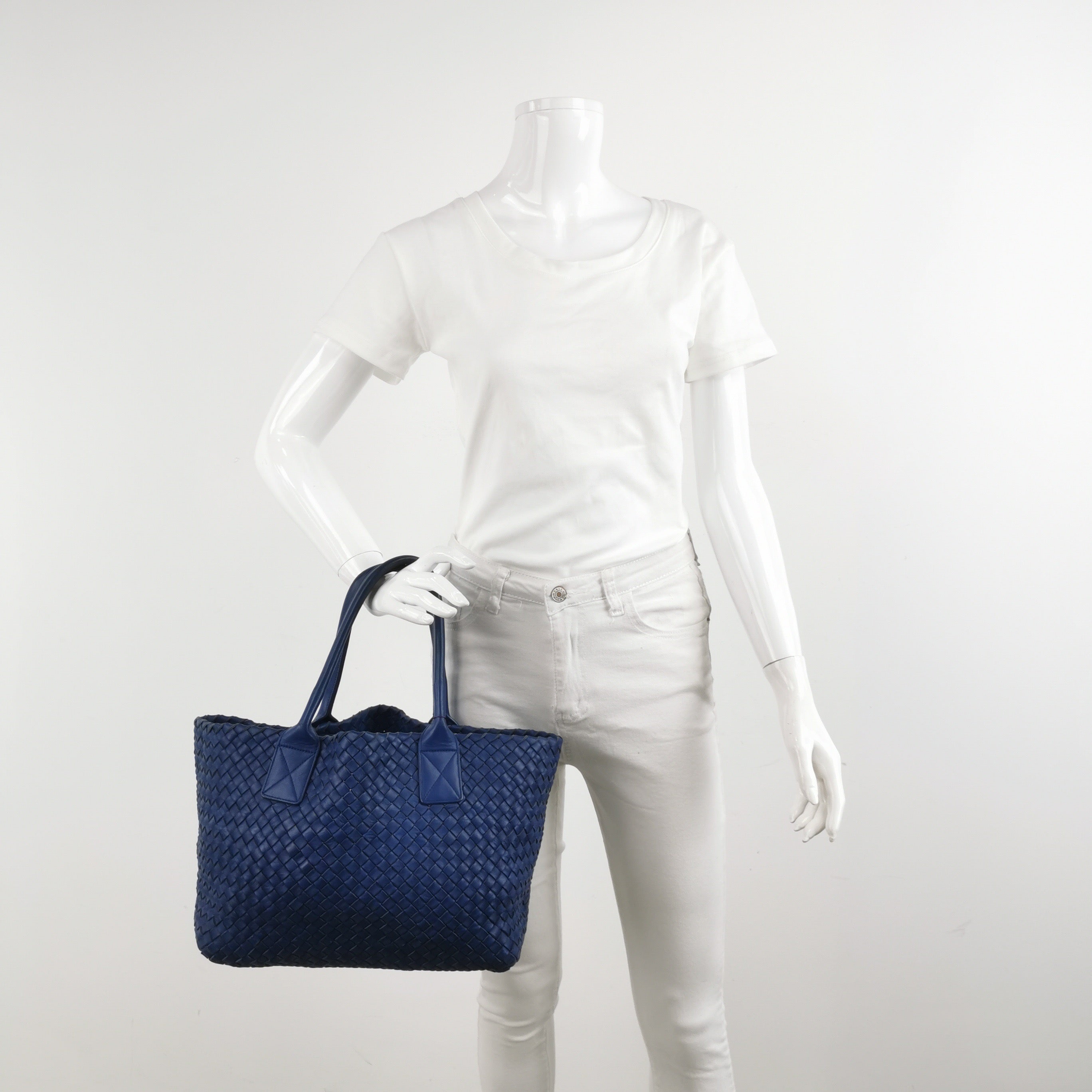 Bottega Veneta Cabat Small Intreccio Leather Tote Bag Navy Blue