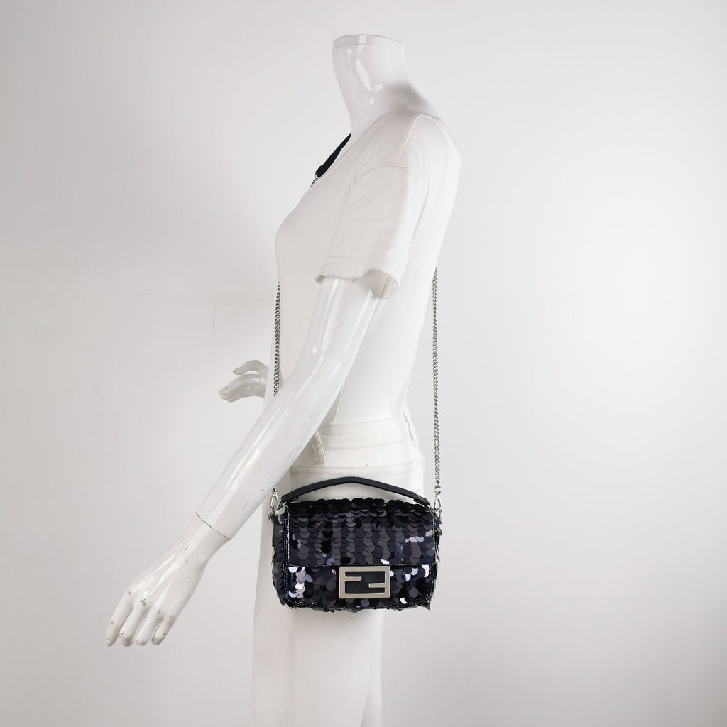 Fendi Baguette Mini Navy Sequins Chain Strap Crossbody Bag