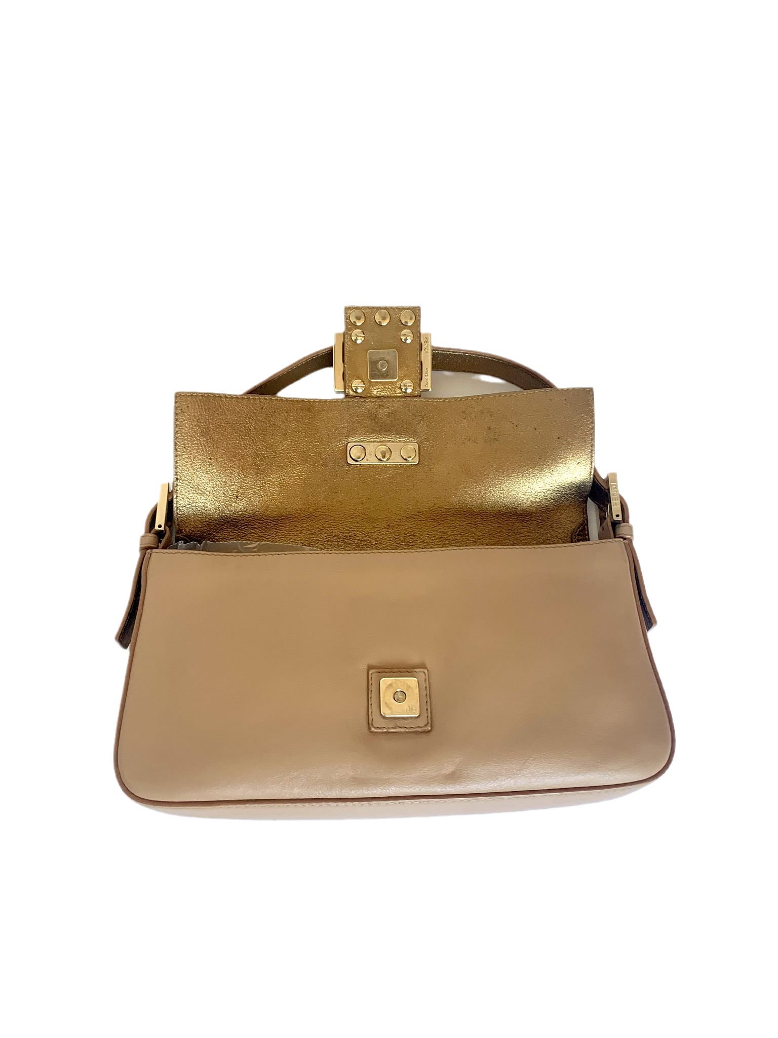 Fendi Baguette Beige Leather with Gold Studded Metal Buckle