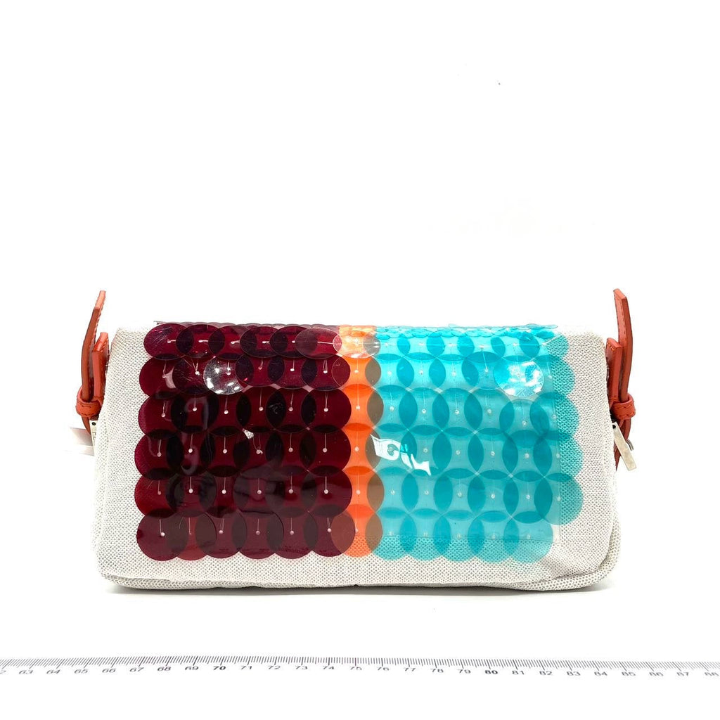 Fendi Baguette 1997 White Blue Red Sequins Orange Satin Lining Shoulder Bag