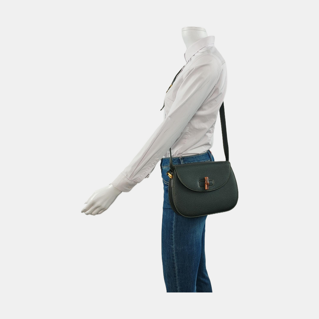 Gucci Bamboo 1947 Green Leather Medium Crossbody Bag
