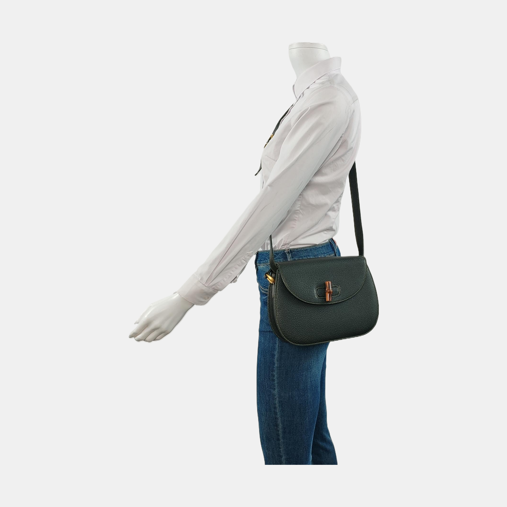 Gucci Bamboo 1947 Green Leather Medium Crossbody Bag