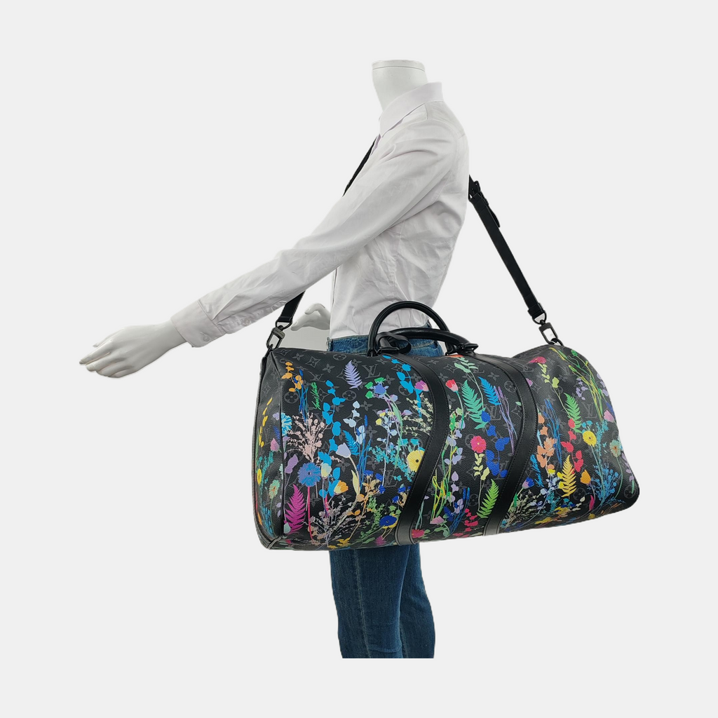 Louis Vuitton Keepall 50 Bandouliere Black Monogram Flower Prints