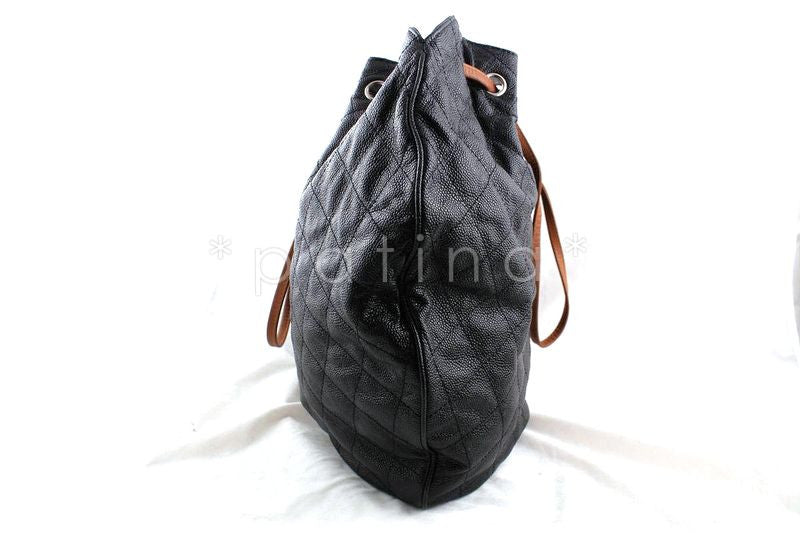 Chanel Gray-Black Giant Quilted Caviar Drawstring Hobo Tote Bag