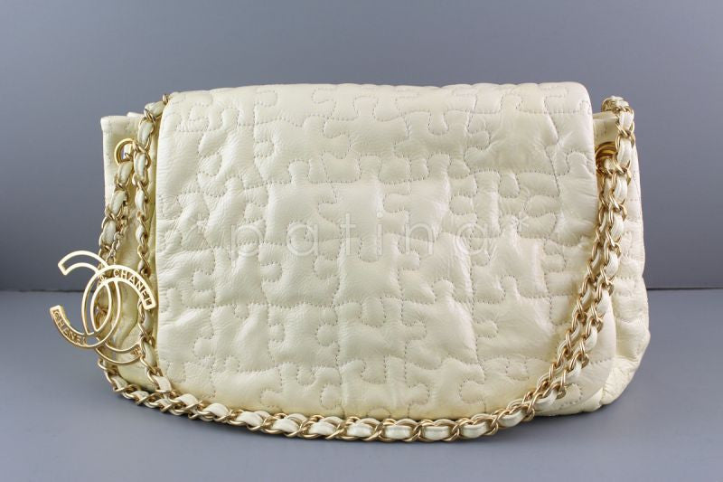 Chanel Ivory Jumbo Patent Puzzle Flap CC Charm Bag