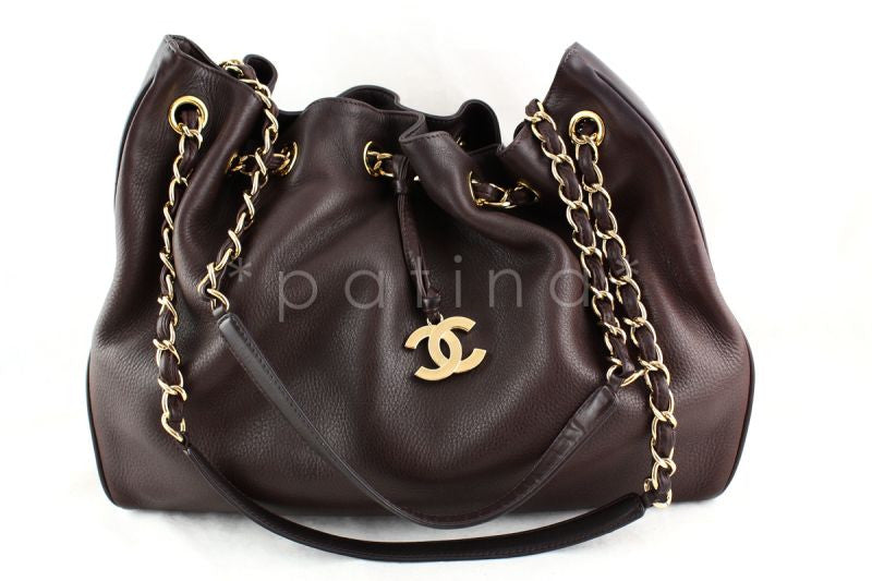 Chanel Chocolate Brown Soft Textured CC Logo Drawstring Tote Shopper Bag