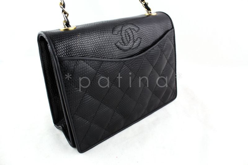 Chanel Black Lizard Quilted Vintage Classic Timeless Flap Bag