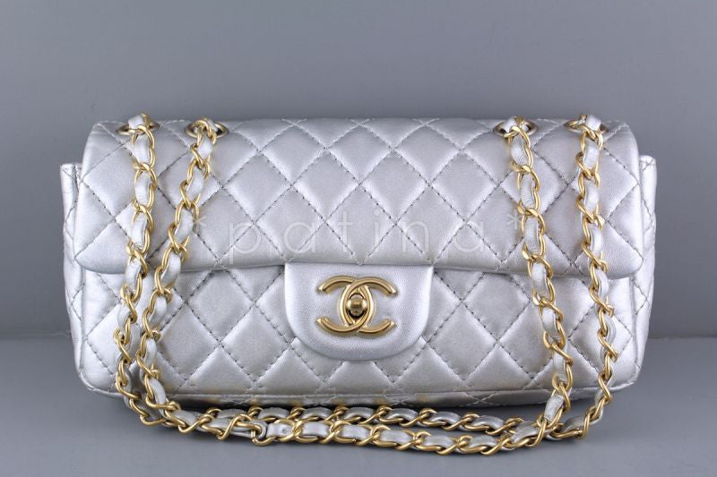 Chanel Silver Lambskin East West Classic 2.55 Shoulder Flap Bag KBF