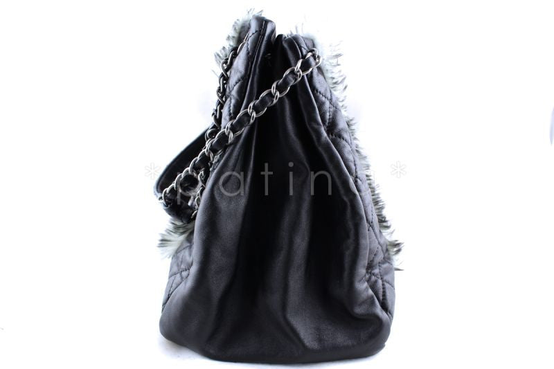 Chanel Rare Black Limited Edition Tweed Lambskin Fringe Hobo Tote Bag