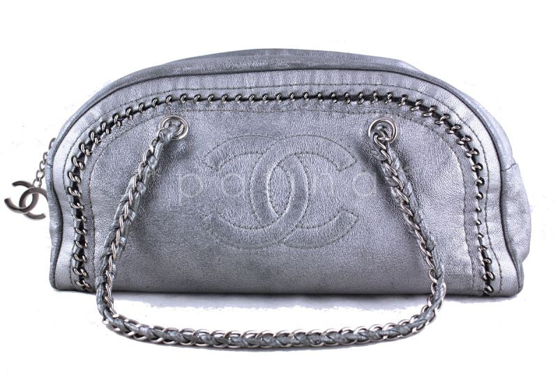 Chanel Silver Distressed Luxury Ligne Bowler Bag