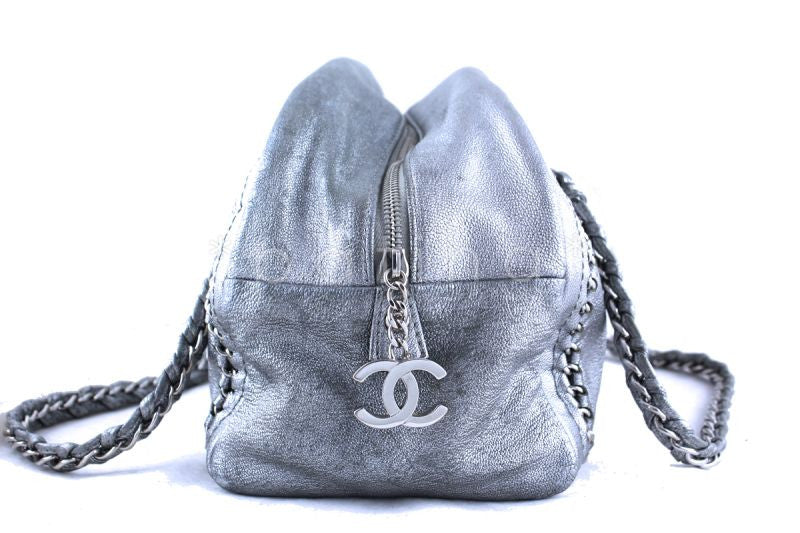 Chanel Silver Distressed Luxury Ligne Bowler Bag