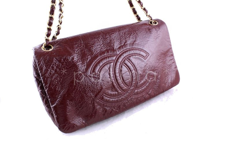 Chanel Jumbo Burgundy Red Patent Rock & Chain Classic Logo Flap Bag