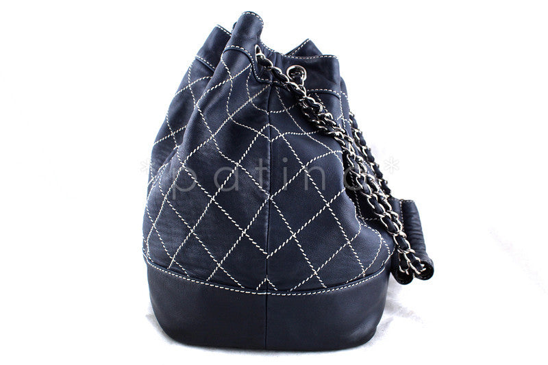 Chanel Navy Contrast Stitch Quilted Drawstring Tote Bag