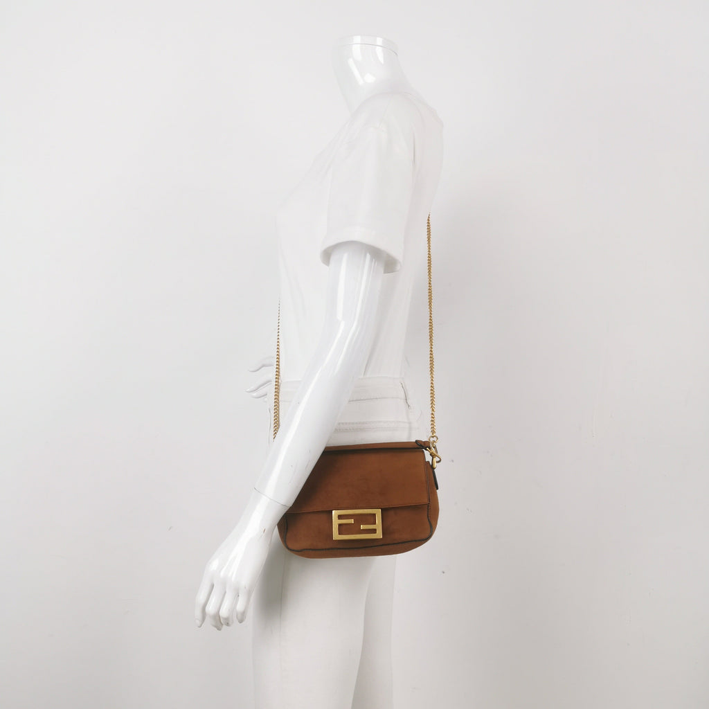 Fendi Baguette Mini Brown Suede Gold Hardware Crossbody Bag