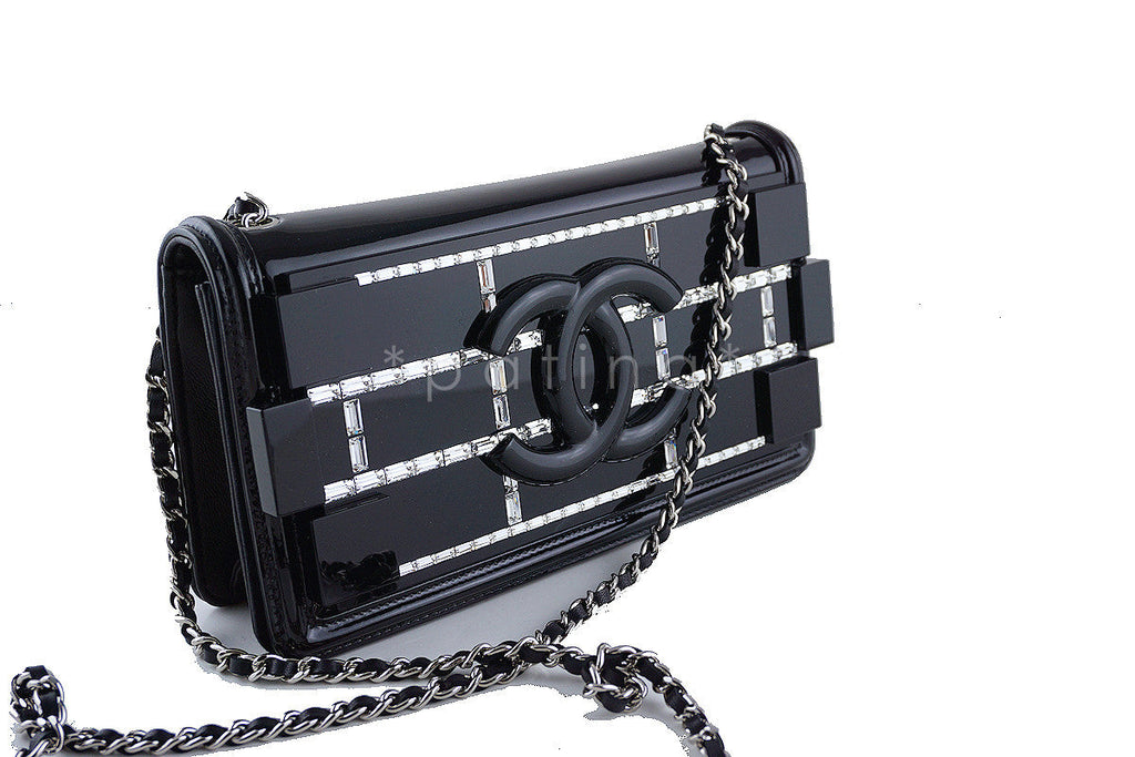 Chanel Black NWT Ultra Rare 2015 Limited Lego Flap Emerald Crystals Plexi Bag