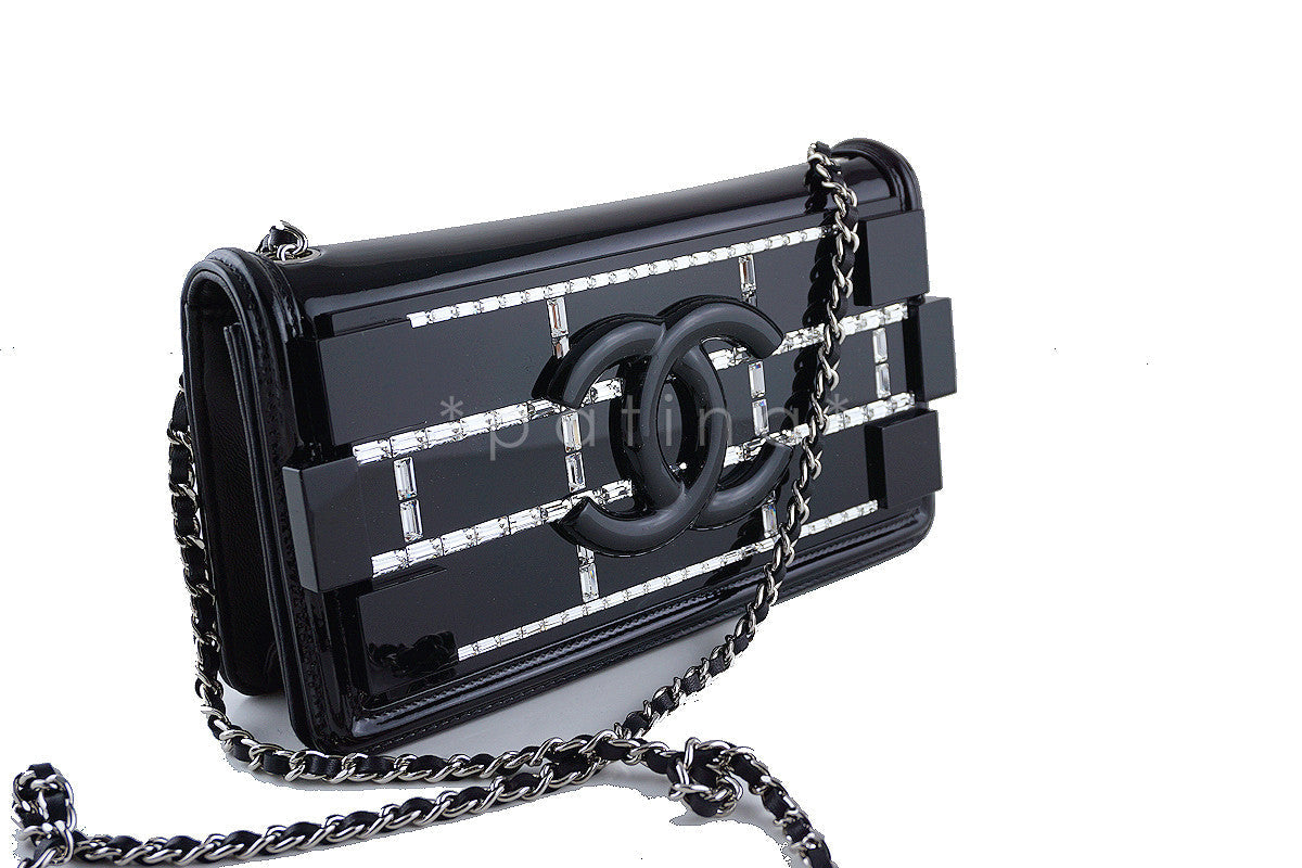 Chanel Black NWT Ultra Rare 2015 Limited Lego Flap Emerald Crystals Plexi Bag