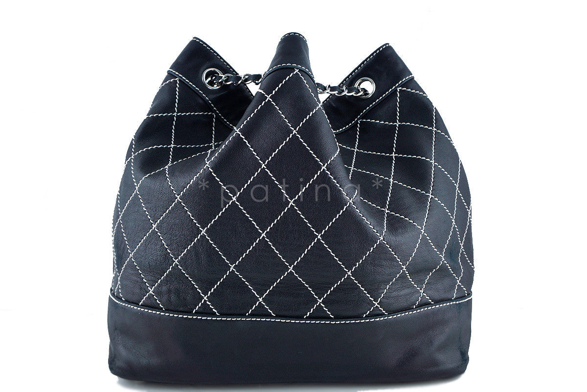 Chanel Black Large Contrast Stitch Quilted Drawstring Bag