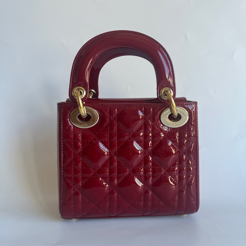 Lady Dior Mini Handbag Burgundy Red Patent Leather Gold-tone Chain Strap 2016