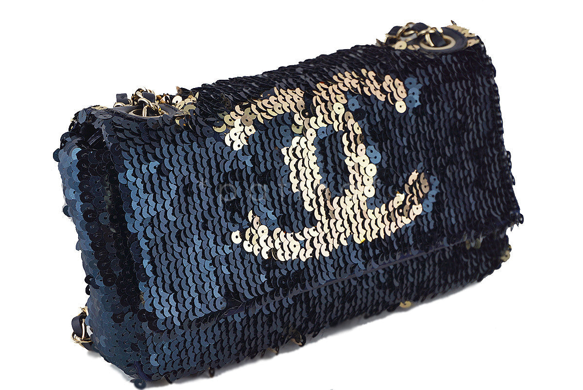 Chanel Navy Gold LIMITED Summer Nights Sequins Reversible Flap Bag